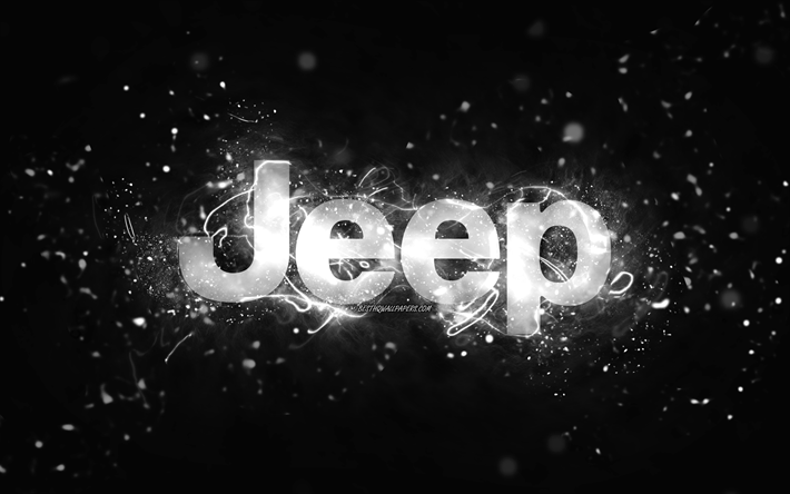 白のロゴ, 4k, 白いネオンライト, creative クリエイティブ, 黒の抽象的な背景, ジープのロゴ, 車のブランド, ジープ