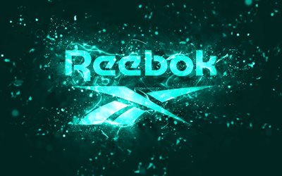 Reebok turquoise logo, 4k, turquoise neon lights, creative, turquoise abstract background, Reebok logo, brands, Reebok