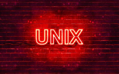 Unix kırmızı logosu, 4k, kırmızı brickwall, Unix logosu, işletim sistemleri, Unix neon logosu, Unix