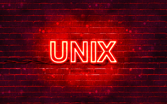 Unix red logo, 4k, red brickwall, Unix logo, operating systems, Unix neon logo, Unix