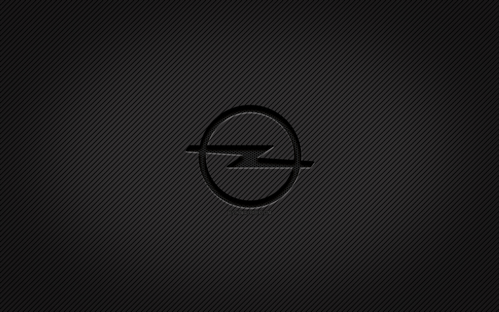 Opel carbon logosu, 4k, grunge sanat, karbon arka plan, yaratıcı, Opel siyah logosu, otomobil markaları, Opel logosu, Opel