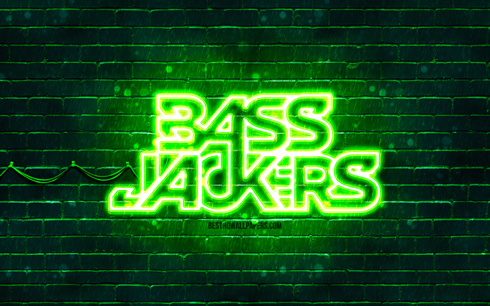 Bassjackers green logo, 4k, superstars, dutch DJs, green brickwall, Bassjackers logo, Marlon Flohr, Ralph van Hilst, Bassjackers, music stars, Bassjackers neon logo