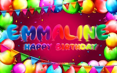 Happy Birthday Emmaline, 4k, colorful balloon frame, Emmaline name, purple background, Emmaline Happy Birthday, Emmaline Birthday, popular american female names, Birthday concept, Emmaline