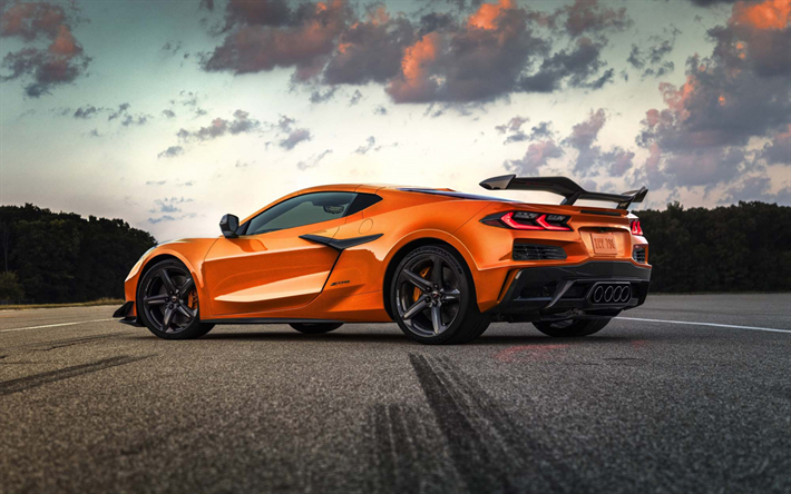 2022 chevrolet corvette c8 z06, r&#252;ckansicht, exterieur, orangefarbener supersportwagen, neue orange corvette, amerikanische autos, chevrolet, rennwagen