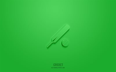 ic&#244;ne 3d de cricket, fond vert, symboles 3d, cricket, ic&#244;nes de sport, ic&#244;nes 3d, signe de cricket, ic&#244;nes 3d de sport