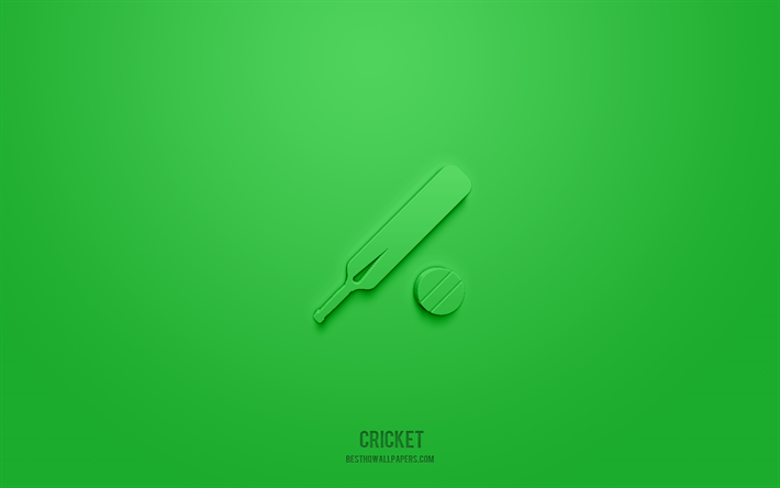 ic&#244;ne 3d de cricket, fond vert, symboles 3d, cricket, ic&#244;nes de sport, ic&#244;nes 3d, signe de cricket, ic&#244;nes 3d de sport