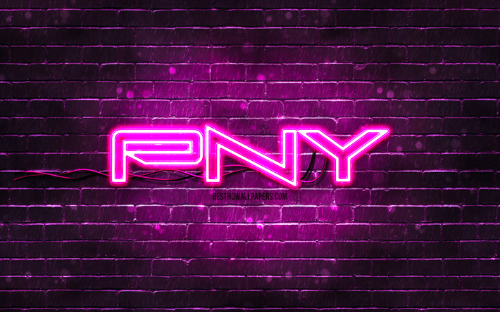 PNY violetti logo, 4k, violetti tiilisein&#228;, PNY logo, tuotemerkit, PNY neon logo, PNY
