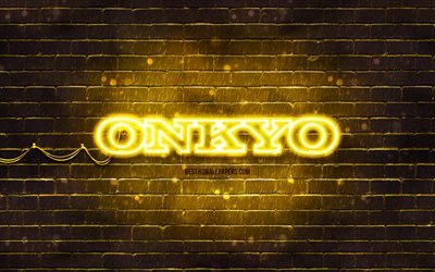 Onkyo yellow logo, 4k, yellow brickwall, Onkyo logo, brands, Onkyo neon logo, Onkyo