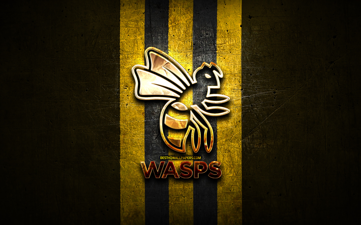 Wasps RFC, logo dor&#233;, Premiership Rugby, fond m&#233;tal jaune, club de rugby anglais, logo Wasps RFC, rugby