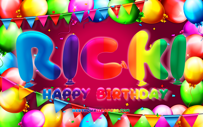 Joyeux Anniversaire Ricki, 4k, cadre de ballon color&#233;, nom de Ricki, fond violet, Ricki Joyeux Anniversaire, Anniversaire de Ricki, les noms f&#233;minins allemands populaires, Anniversaire concept, Ricki