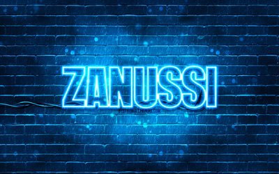 Zanussi blue logo, 4k, blue brickwall, Zanussi logo, brands, Zanussi neon logo, Zanussi