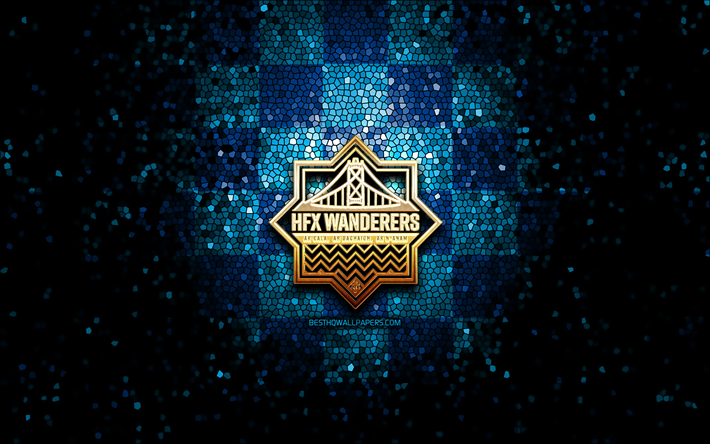 HFX Wanderers FC, glitter logo, Canadian Premier League, blue checkered background, soccer, canadian football club, HFX Wanderers logo, mosaic art, football, FC HFX Wanderers