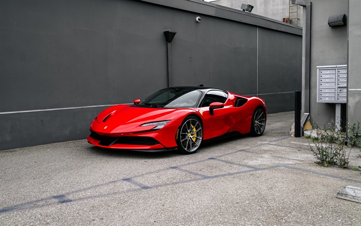 2022, Ferrari SF90 Stradale, 4k, n&#228;kym&#228; edest&#228;, ulkoa, superauto, punainen SF90 Stradale, italialaiset urheiluautot, Ferrari