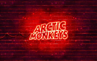 Logo rosso Arctic Monkeys, 4k, gruppo rock britannico, stelle della musica, muro di mattoni rossi, logo Arctic Monkeys, logo neon Arctic Monkeys, Arctic Monkeys