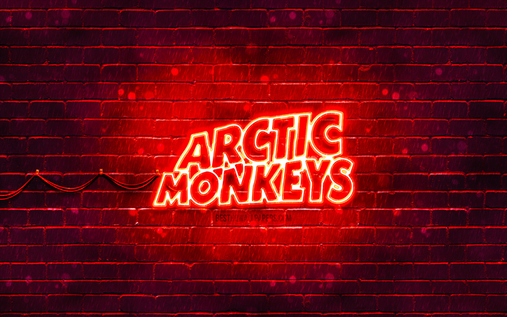 Arctic Monkeys logo rouge, 4k, groupe de rock britannique, stars de la musique, mur de brique rouge, logo Arctic Monkeys, logo néon Arctic Monkeys, Arctic Monkeys