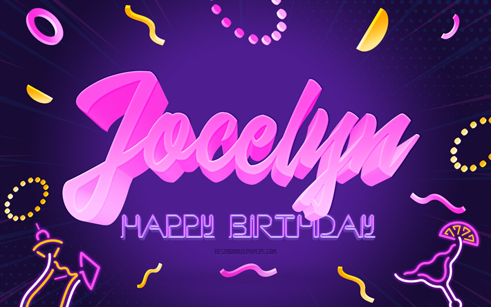 Joyeux Anniversaire Jocelyne, 4k, Purple Party Background, Jocelyne, art cr&#233;atif, Jocelyne nom, Jocelyn Anniversaire, F&#234;te D&#39;Anniversaire Fond