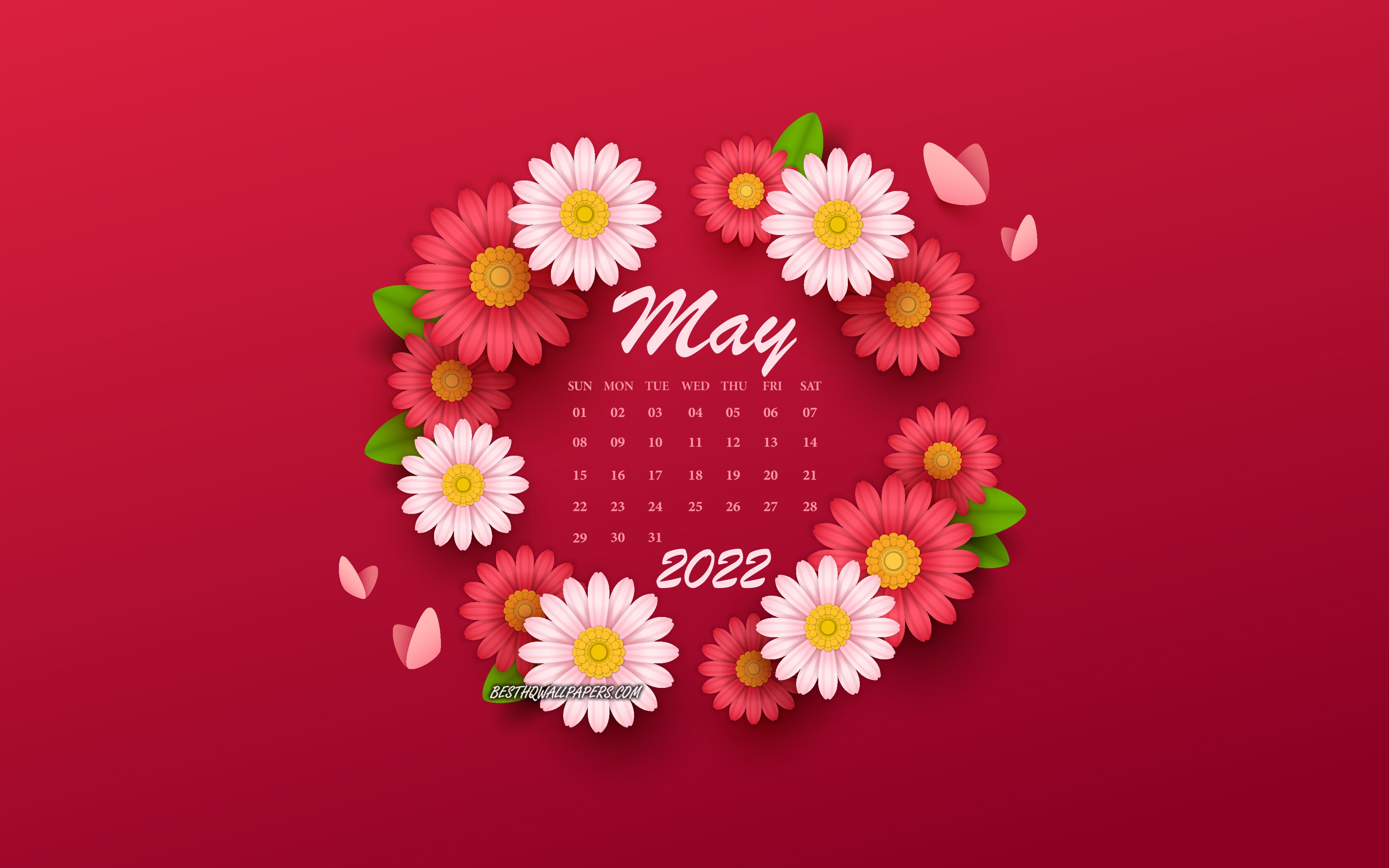 Download wallpapers 2022 May Calendar, 4k, background with flowers