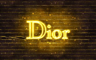 Dior jaune logo, 4k, jaune brickwall, Dior logo, marques de mode, Dior n&#233;on logo, Dior