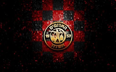 Agudat Sport Ashdod FC, glitter logo, Leumit League, red black checkered background, soccer, Israeli football club, Agudat Sport Ashdod logo, mosaic art, football, Agudat Sport Ashdod