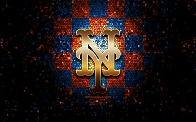 New York Mets emblem, glitter logo, MLB, orange blue checkered background, american baseball team, Major League Baseball, mosaic art, baseball, New York Mets, NY Mets