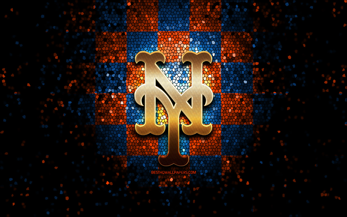 Emblema de los Mets de Nueva York, logotipo brillante, MLB, fondo a cuadros azul naranja, equipo de b&#233;isbol estadounidense, Major League Baseball, mosaico, b&#233;isbol, Mets de Nueva York