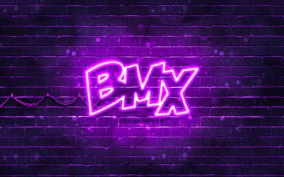 BMX violet logo, 4k, violet brickwall, BMX logo, marques, BMX n&#233;on logo, BMX