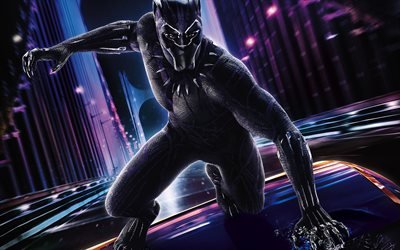 Black Panther, street, 2018 movie, night, superheroes, poster