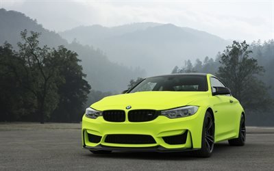BMW M4, 2018, F82, bright green sports coupe, exterior, front view, German cars, BMW