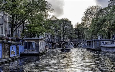 Amsterdam, canals, piers, street, Netherlands, Holland, Europe