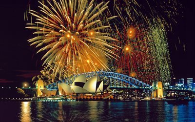 Sydney, paesaggi notturni, Sydney Opera House, fuochi d&#39;artificio, Australia