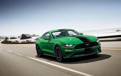Ford Mustang GT, Fastback, 2018, green sports coupe, exterior, coast, USA, new green Mustang, American cars, Ford