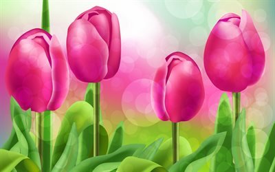 tulipes roses, art, peint des fleurs, printemps, fleurs de printemps, les tulipes