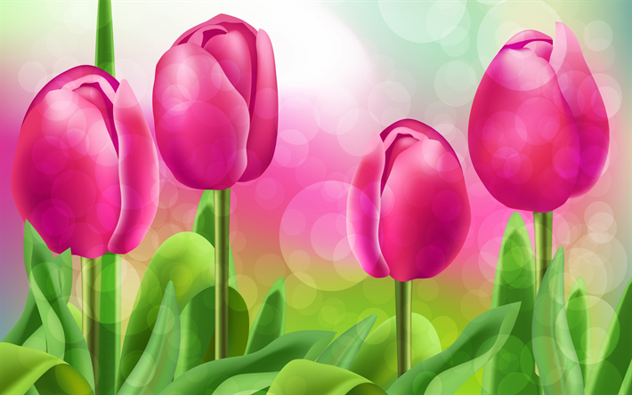 pink tulips, art, painted flowers, spring spring flowers, tulips