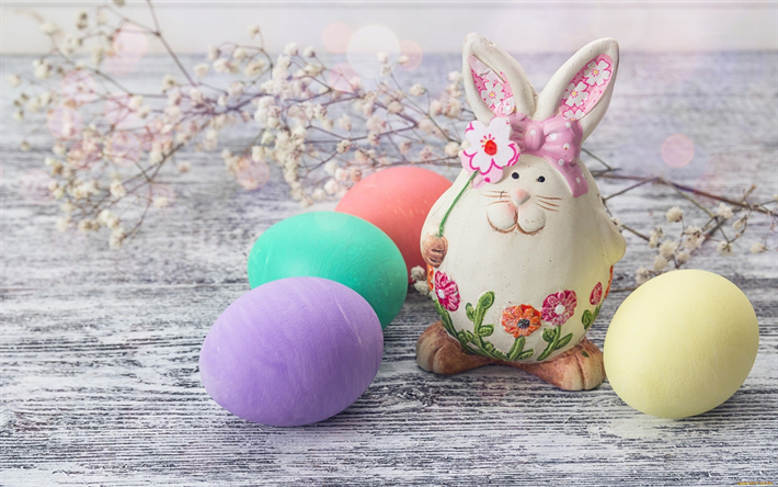 Happy Easter, rabbit, colorful decorated eggs, Easter decoration, spring flowers