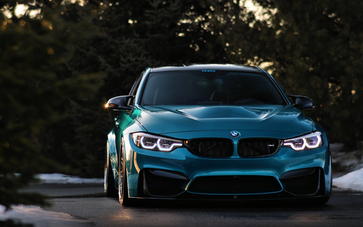 BMW M3, 2018, F80, blue sports coupe, front view, tuning m3, racing car, BMW