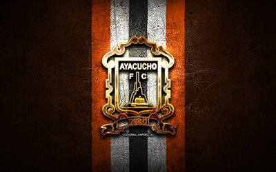 ayacucho fc, logo dorato, liga 1 apertura, sfondo in metallo arancione, calcio, squadra di calcio peruviana, logo ayacucho fc, fc ayacucho