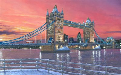 Tower Bridge, 4k, winter, english landmarks, HDR, London, UK, United Kingdom, sunset, english cities