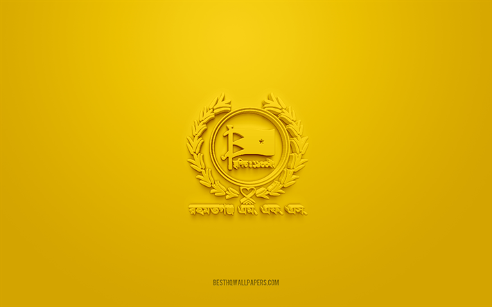 Rahmatgonj MFS, creative 3D logo, yellow background, Bangladesh Premier League, 3d emblem, Bangladeshi football club, Bangladesh, 3d art, football, Rahmatganj MFS 3d logo