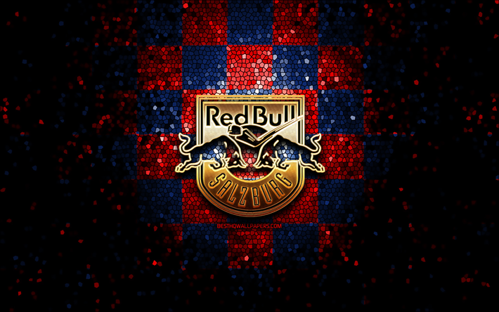 ec red bull salzburg, logo scintillant, ice hockey league, fond &#224; carreaux bleu rouge, hockey, &#233;quipe de hockey autrichienne, logo ec red bull salzburg, art de la mosa&#239;que