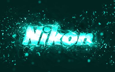 logotipo turquesa de nikon, 4k, luces de ne&#243;n turquesa, creativo, fondo abstracto turquesa, logotipo de nikon, marcas, nikon