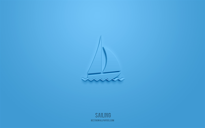 icona vela 3d, sfondo blu, simboli 3d, vela, icone dello sport, icone 3d, segno della vela, icone dello sport 3d