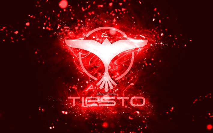 Tiesto red logo, 4k, Dutch DJs, red neon lights, creative, red abstract background, DJ Tiesto logo, Tijs Michiel Verwest, Tiesto logo, music stars, DJ Tiesto