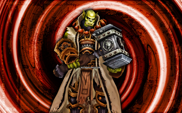 4k, Thrall, orange grunge background, World of Warcraft, Son of Durotan, WoW, monstr, vortex, World of Warcraft Shadowlands, Thrall World of Warcraft