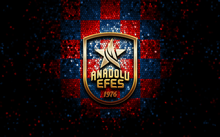 Anadolu Efes SK, glitter logo, Basketbol Super Ligi, red blue checkered background, basketball, turkish basketball team, Anadolu Efes logo, mosaic art, Turkey, Anadolu Efes