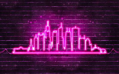 Chicago purple neon silhouette, 4k, purple neon lights, Chicago skyline silhouette, purple brickwall, american cities, neon skyline silhouettes, USA, Chicago silhouette, Chicago