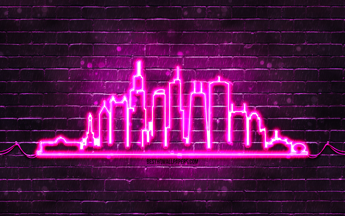 Chicago purple neon silhouette, 4k, purple neon lights, Chicago skyline silhouette, purple brickwall, american cities, neon skyline silhouettes, USA, Chicago silhouette, Chicago