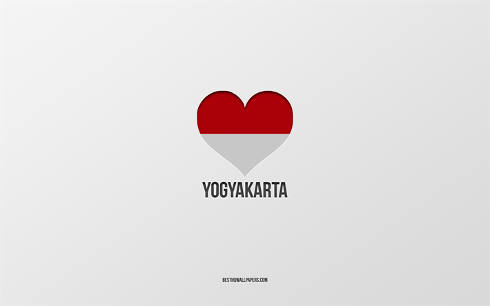 j aime yogyakarta, villes indon&#233;siennes, jour de yogyakarta, fond gris, yogyakarta, indon&#233;sie, coeur de drapeau indon&#233;sien, villes pr&#233;f&#233;r&#233;es, love yogyakarta