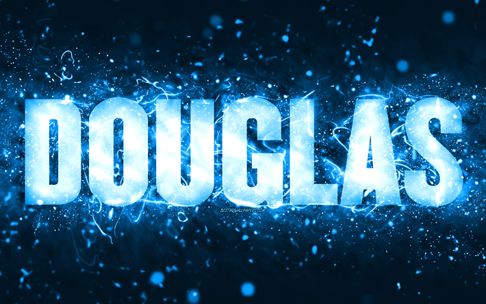 Happy Birthday Douglas, 4k, blue neon lights, Douglas name, creative, Douglas Happy Birthday, Douglas Birthday, popular american male names, picture with Douglas name, Douglas