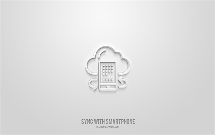 synkronointi &#228;lypuhelimen 3d-kuvakkeen kanssa, valkoinen tausta, 3d-symbolit, synkronointi &#228;lypuhelimen kanssa, tekniikkakuvakkeet, 3d-kuvakkeet, synkronointi &#228;lypuhelimen merkin kanssa, teknologian 3d-kuvakkeet, synkronointi