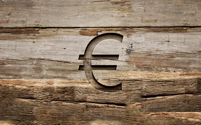 Euro wooden sign, 4K, wooden backgrounds, currency, Euro sign, creative, wood carving, Euro